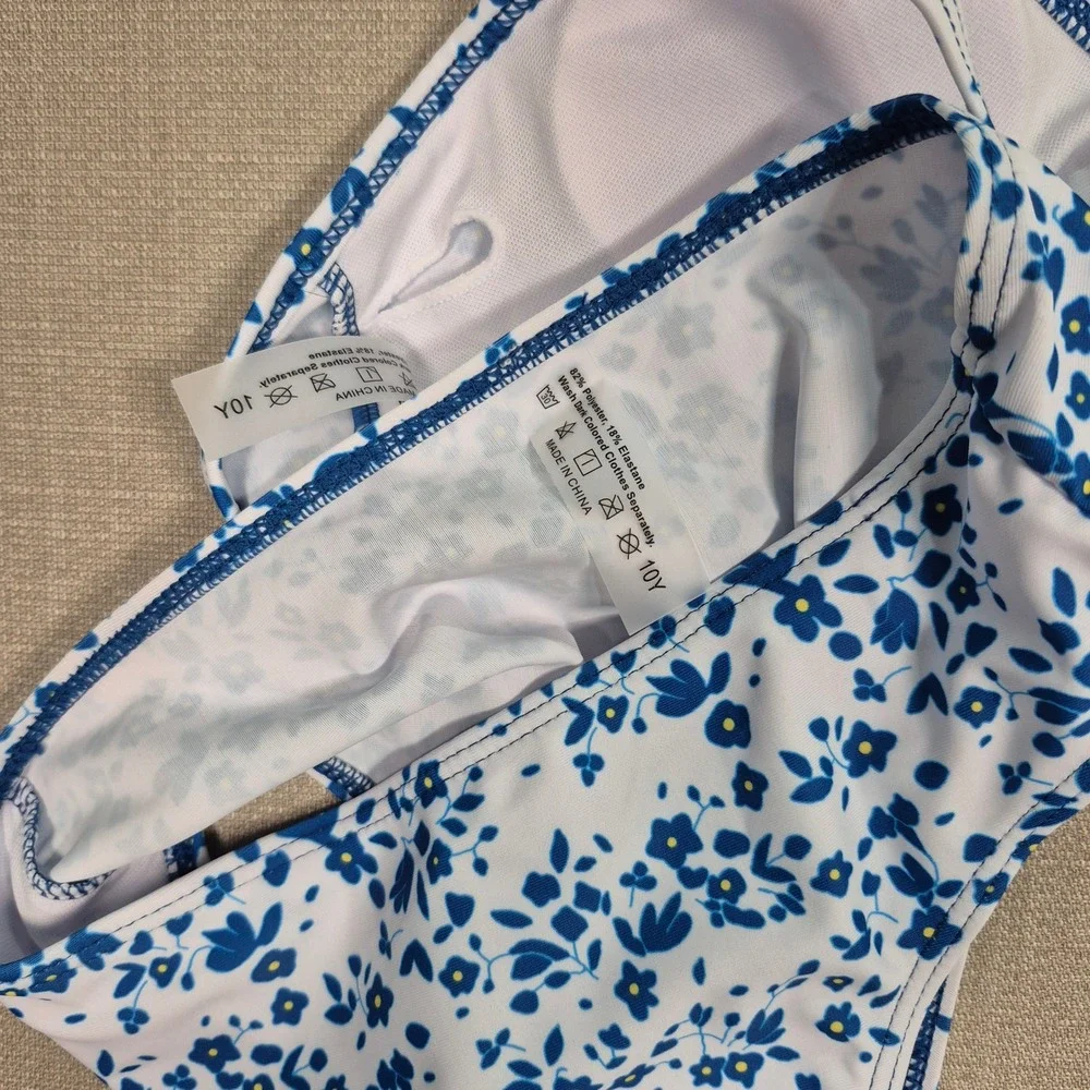 Girls 3 Piece Floral Swimsuit Set Blue White Bikini with Mesh Skirt Size 10Y